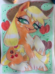 Size: 2736x3648 | Tagged: safe, artist:radfrankie, applejack, earth pony, pony, g4, apple, coat markings, female, food, high res, lidded eyes, mare, open mouth, open smile, pale belly, sitting, smiling, socks (coat markings), solo, traditional art, unshorn fetlocks