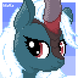 Size: 640x640 | Tagged: safe, artist:elwakaz, oc, oc only, kirin, blue coat, bust, digital art, icon, kirin oc, passepartout, pixel art, portrait, red eyes, solo, white mane