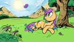 Size: 3840x2200 | Tagged: safe, artist:dersen, oc, oc only, butterfly, pony, unicorn, horn, lying down, mountain, smiling, solo, sun, tree