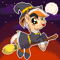 Size: 480x480 | Tagged: safe, artist:elwakaz, pony, :p, broom, digital art, flying, flying broomstick, hat, heterochromia, moon, pixel art, smiling, solo, tongue out, witch, witch hat