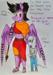 Size: 1687x2360 | Tagged: safe, artist:thecrimsonspark, oc, oc only, oc:aiexos, oc:flowerfield, earth pony, pegasus, anthro, abs, clothes, duo, funny, glasses, height difference, muscles, robes, sandals, short, spear, spread wings, tall, tattoo, traditional art, weapon, wings