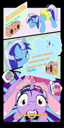 Size: 1600x3200 | Tagged: safe, artist:nutellaenjoyer, minuette, pinkie pie, spike, twilight sparkle, alicorn, dragon, earth pony, pony, amending fences, g4, balloonbutt, bee gees, butt, clothes, dancing, eyes closed, female, male, mare, open mouth, open smile, pinkie being pinkie, pinkie pie riding twilight, scene interpretation, screaming, skirt, smiling, song reference, stayin alive, teary eyes, twilight sparkle (alicorn), wingless spike