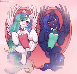 Size: 3338x3191 | Tagged: safe, artist:amitadust, princess celestia, princess luna, alicorn, pony, g4, clothes, duo, duo female, featureless crotch, female, heart, heart eyes, high res, looking at you, lying down, mare, on back, ribcage, royal sisters, siblings, sisters, wingding eyes