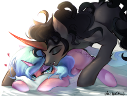 Size: 1080x810 | Tagged: safe, artist:unclechai, king sombra, radiant hope, crystal pony, pony, unicorn, g4, bed, duo, duo male and female, eyes closed, female, floating heart, heart, horn, male, pillow, romantic, ship:hopebra, shipping, straight