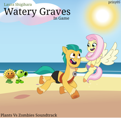 Size: 1194x1168 | Tagged: safe, artist:edy_january, artist:prixy05, edit, editor:edy_january, fluttershy, hitch trailblazer, earth pony, pegasus, pony, g4, g5, my little pony: tell your tale, album, album cover, beach, beloved, bikini, clothes, duo, duo male and female, female, flower, g4 to g5, generation leap, hitch and his 2nd heroine, laura shigihara, male, music, pants, peashooter, plant, plants vs zombies, romantic, ship:flutterhitch, shipping, short pants, song, straight, summer, sunflower, swimsuit, vector used, watery graves (song), youtube, youtube link