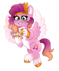 Size: 1837x2204 | Tagged: safe, artist:emera33, pipp petals, pegasus, pony, g5, adorapipp, alternate design, blushing, cellphone, colored wings, cute, diadem, female, flying, grin, high res, hoof hold, jewelry, mare, pale belly, phone, regalia, simple background, smartphone, smiling, solo, spread wings, white background, wings