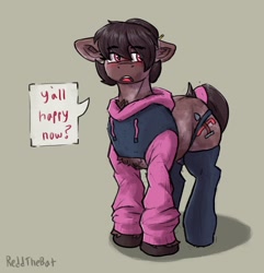 Size: 1986x2064 | Tagged: safe, artist:reddthebat, oc, oc only, oc:number nine, earth pony, pony, beige background, clothes, female, floppy ears, hoodie, mare, paggi outfit, signature, simple background, solo, speech bubble, stockings, thigh highs, unamused