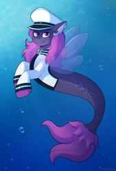 Size: 2028x3000 | Tagged: safe, artist:madelinne, oc, oc only, sea pony, seapony (g4), equestria at war mod, bubble, clothes, commission, digital art, fin wings, fins, fish tail, floppy ears, flowing mane, flowing tail, hat, high res, looking at you, male, ocean, purple eyes, purple mane, purple tail, sailor hat, sailor uniform, scales, seapony oc, see-through, signature, smiling, smiling at you, smug, solo, spread wings, swimming, tail, underwater, uniform, water, wings