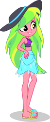 Size: 1280x3106 | Tagged: safe, artist:dustinwatsongkx, lemon zest, human, equestria girls, g4, armpits, bare arms, bare legs, bare shoulders, beads, bikini, bikini top, blue eyeshadow, clothes, clothes swap, cute, diamonds, eyeshadow, female, geode of shielding, golden eyes, green hair, grin, hand on hip, hat, how do i look?, magical geodes, makeup, midriff, rarity's blue sarong, rarity's purple bikini, sandals, sarong, side view, simple background, skirt, smiling, solo, sun hat, swimsuit, swimsuit swap, teeth, transparent background, turned head, zestabetes