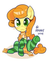 Size: 1065x1347 | Tagged: safe, artist:rlabbiy, carrot top, golden harvest, earth pony, pony, g4, blushing, clothes, female, looking at you, mare, raised leg, scarf, simple background, sitting, socks, solo, striped socks, white background