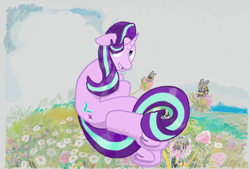 Size: 1550x1050 | Tagged: safe, artist:tiska, starlight glimmer, bee, bumblebee, pony, unicorn, g4, clover, female, flower, grass, horn, mare, solo