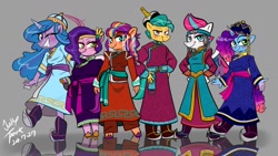 Size: 1280x720 | Tagged: safe, alternate version, artist:jully-park, hitch trailblazer, izzy moonbow, misty brightdawn, pipp petals, sunny starscout, zipp storm, earth pony, pegasus, unicorn, anthro, g5, clothes, deel, dress, female, gray background, hat, horn, male, mane five, mane six (g5), mane stripe sunny, mongol, mongolia, mongolian, rebirth misty, reflection, simple background