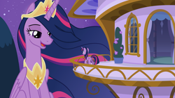 Size: 1920x1080 | Tagged: safe, artist:estories, artist:nano23823, artist:sketchmcreations, edit, editor:jaredking779, twilight sparkle, alicorn, pony, g4, canterlot, crown, ethereal mane, ethereal tail, female, giant pony, giantess, horn, jewelry, long horn, macro, mare, older, older twilight, older twilight sparkle (alicorn), peytral, plot, princess twilight 2.0, regalia, self paradox, self ponidox, size difference, tail, twilight sparkle (alicorn)