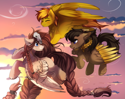 Size: 4355x3444 | Tagged: safe, artist:2pandita, oc, oc only, oc:ondrea, pegasus, pony, braid, braided tail, cloud, eyes closed, female, flying, jewelry, looking at each other, looking at someone, looking back, mare, necklace, pegasus oc, skull, sky, sun, tail, trio, wings