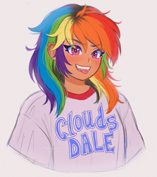 Size: 1829x2048 | Tagged: safe, artist:strawbee_fox, rainbow dash, human, g4, :p, blushing, clothes, cloudsdale, cute, dashabetes, ear piercing, earring, female, humanized, jewelry, piercing, shirt, smiling, solo, tongue out, tongue piercing, watermark