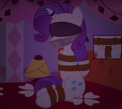 Size: 2000x1786 | Tagged: safe, artist:cardshark777, rarity, pony, unicorn, g4, bed, blindfold, bondage, bound and gagged, damsel in distress, dark, digital art, duct tape, female, gag, helpless, hooves behind back, horn, horn ring, lamp, magic suppression, mare, panel, pillar, rarity's bedroom, ring, rope, rope bondage, ropes, sitting, solo, tape, tape gag, tied up