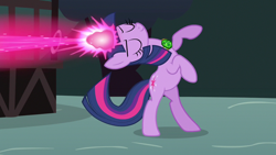 Size: 1280x720 | Tagged: safe, screencap, twilight sparkle, pony, unicorn, g4, magic duel, season 3, backbend, bipedal, blast, cropped, eyes closed, glowing, glowing horn, horn, magic, magic blast, pose, showing off, smiling, solo, unicorn twilight, zecora's doorstop