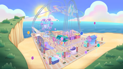 Size: 2160x1215 | Tagged: safe, screencap, pony, g5, my little pony: tell your tale, the tinytrot, spoiler:g5, spoiler:my little pony: tell your tale, spoiler:tyts02e17, amusement park, background, balloon, beach, boardtrot, cliff, ferris wheel, ocean, roller coaster, scenery, water