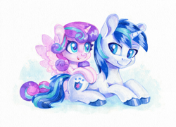 Size: 1663x1200 | Tagged: safe, artist:maytee, princess flurry heart, shining armor, alicorn, pony, unicorn, g4, colored pencil drawing, commission, cute, duo, duo male and female, equestria's best father, father and child, father and daughter, female, flurrybetes, horn, looking at each other, looking at someone, looking back, lying down, male, open mouth, open smile, prone, shining adorable, smiling, smiling at each other, traditional art