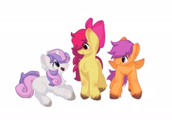 Size: 2048x1425 | Tagged: safe, artist:haon_diy, apple bloom, scootaloo, sweetie belle, earth pony, pegasus, pony, unicorn, blank flank, blushing, cutie mark crusaders, female, filly, foal, horn, open mouth, simple background, smiling, spread wings, trio, trio female, unshorn fetlocks, white background, wings