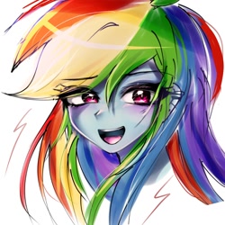 Size: 1280x1280 | Tagged: safe, artist:pulse, rainbow dash, human, equestria girls, g4, bust, doodle, ear piercing, eye clipping through hair, eyebrows, eyebrows visible through hair, female, looking at you, open mouth, piercing, simple background, smiling, solo, white background