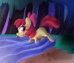 Size: 1828x1556 | Tagged: safe, artist:_asterisq_, apple bloom, earth pony, pony, story of the blanks, g4, female, filly, foal, forest, grass, mouth hold, nature, night, pond, ruby, solo, tree, water