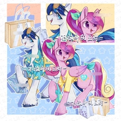 Size: 2000x2000 | Tagged: safe, artist:长海, princess cadance, shining armor, alicorn, pony, unicorn, g4, bag, clothes, duo, duo male and female, female, horn, husband and wife, male, mare, shirt, shopping bag, stallion, text