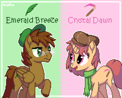 Size: 600x480 | Tagged: safe, artist:elwakaz, oc, oc only, oc:crystal dawn, oc:emerald breeze, earth pony, pegasus, pony, unicorn, digital art, duo, duo male and female, female, glasses, horn, male, pixel art, raised hoof, smiling, stallion