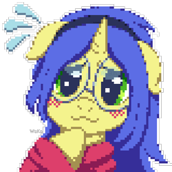 Size: 400x400 | Tagged: safe, artist:elwakaz, oc, oc only, oc:logical leap, pony, unicorn, digital art, horn, nervous, pixel art, simple background, smiling, solo, sweat, sweatdrop, transparent background, unicorn oc, yellow coat