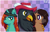 Size: 800x512 | Tagged: safe, artist:elwakaz, oc, oc only, griffon, pony, unicorn, abstract background, beak, black feathers, brown coat, checkered background, gradient background, griffon oc, hat, horn, one eye closed, passepartout, smiling, teal coat, trio, wink