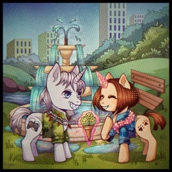 Size: 1280x1280 | Tagged: safe, artist:floryka, oc, oc only, oc:munesi arcana, oc:sengo arcana, pony, unicorn, alternate universe, bench, brother and sister, chibi, city, duo, duo male and female, female, food, fountain, horn, ice cream, male, manehattan, siblings, summer, unicorn oc, water