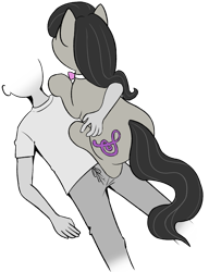 Size: 783x1019 | Tagged: safe, artist:ligmire, derpibooru exclusive, octavia melody, oc, oc:anon, earth pony, human, pony, g4, behaving like a cat, bowtie, female, lying down, mare, ponyloaf, prone, simple background, transparent background