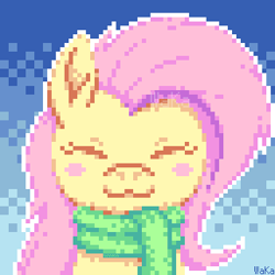 Size: 320x320 | Tagged: safe, artist:elwakaz, fluttershy, pegasus, pony, g4, :3, blush sticker, blushing, bust, clothes, cute, daaaaaaaaaaaw, digital art, eyes closed, female, front view, gradient background, green scarf, lightly watermarked, loose hair, mare, outline, pink mane, pixel art, scarf, shading, shyabetes, smiling, solo, watermark, white outline, yellow coat