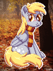 Size: 480x640 | Tagged: safe, artist:elwakaz, derpy hooves, pegasus, pony, g4, :3, autumn, blush lines, blushing, cel shading, clothes, cute, derp, derpabetes, digital art, female, forest, full body, gray coat, highlights, leaf, leaves, lightly watermarked, looking to the right, mare, nature, outdoors, outline, pixel art, pixelated, real life background, scarf, shading, sitting, smiling, solo, striped scarf, tree, watermark, white outline, yellow mane