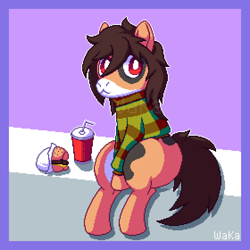 Size: 840x840 | Tagged: safe, artist:elwakaz, pony, semi-anthro, :<, border, brown mane, burger, clothes, digital art, food, passepartout, pixel art, red eyes, shirt, sitting, soda, solo, white pupils