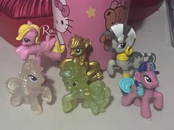 Size: 4032x3024 | Tagged: safe, artist:lnx1ynight16, applejack, peachy sweet, rarity, ribbon wishes, zecora, earth pony, pony, unicorn, zebra, g4, apple family member, blind bag, horn, irl, merchandise, photo, recolor, toy