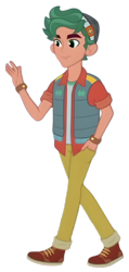 Size: 3300x6912 | Tagged: safe, edit, edited screencap, screencap, timber spruce, human, equestria girls, g4, my little pony equestria girls: better together, star crossed, background removed, clothes, curly hair, eyebrows, greeting, hat, male, not a vector, shirt, shoes, simple background, solo, transparent background, vest, walking, waving, wristband