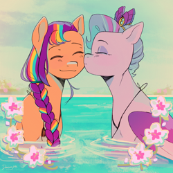 Size: 3500x3500 | Tagged: safe, artist:daisy_marshmallow, queen haven, sunny starscout, pegasus, pony, g5, braid, cheek kiss, clothes, crown, duo, duo female, female, flower, hibiscus, jewelry, kissing, lesbian, mane stripe sunny, regalia, ship:sunnyhaven, shipping, smiling, swimming pool, swimsuit, water