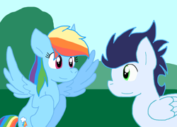 Size: 1192x854 | Tagged: safe, artist:cmara, rainbow dash, soarin', pegasus, pony, g4, duo, duo male and female, female, looking at each other, looking at someone, male, ship:soarindash, shipping, smiling, straight