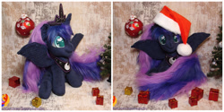 Size: 2000x1000 | Tagged: safe, artist:1stastrastudio, princess luna, pony, chibi, christmas, christmas tree, hat, heart, heart eyes, holiday, irl, ornament, photo, plushie, present, santa hat, solo, tree, wingding eyes