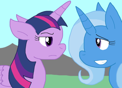 Size: 1152x838 | Tagged: safe, artist:cmara, trixie, twilight sparkle, alicorn, pony, unicorn, g4, duo, duo female, female, grin, horn, looking at you, nervous, nervous smile, smiling, twilight sparkle (alicorn), twilight sparkle is not amused, unamused