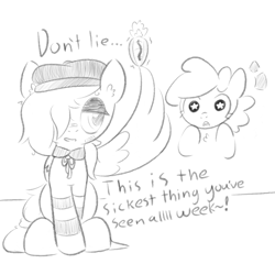 Size: 1020x1020 | Tagged: safe, artist:castafae, oc, oc only, pegasus, pony, bandaid, bandaid on nose, carrot, carrot dog, clothes, dialogue, dork, duo, duo female, emanata, female, filly, foal, food, hair over one eye, hat, lidded eyes, mare, messy mane, monochrome, ribbon, simple background, socks, starry eyes, white background, wingding eyes