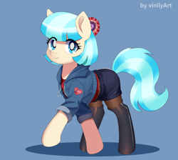 Size: 2198x1966 | Tagged: safe, artist:vinilyart, coco pommel, earth pony, pony, g4, blue background, boots, clothes, cocobetes, cute, eye clipping through hair, female, high res, looking at you, mare, shadow, shoes, signature, simple background, smiling, smiling at you, solo, stockings, thigh highs