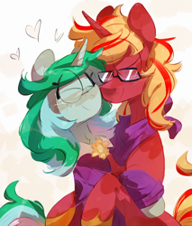 Size: 2550x3000 | Tagged: safe, artist:pakmur, oc, oc only, oc:emeraldine stitch, oc:phoenix quill, unicorn, clothes, commission, cute, duo, eyes closed, glasses, green skin, half body, heart, horn, hug, multicolored hair, oc x oc, red skin, scarf, shipping, smiling, ych result