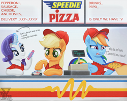 Size: 2500x1982 | Tagged: safe, artist:theretroart88, applejack, rainbow dash, rarity, earth pony, pegasus, pony, unicorn, g4, cap, cash register, clothes, female, food, grammar error, hat, hoof filing, horn, hot wheels, job, nail file, pizza, pizza box, restaurant, toy car, trio, trio female, uniform, working