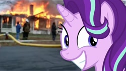 Size: 1280x720 | Tagged: safe, artist:starlightglimmer04, edit, edited screencap, screencap, starlight glimmer, unicorn, g4, no second prances, background removed, disaster girl, female, fire, horn, meme, smiling, solo