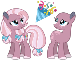 Size: 2574x2061 | Tagged: safe, artist:strawberry-spritz, oc, oc only, oc:confetti popper, earth pony, pony, g4, base used, blue eyes, colored hooves, colored pinnae, ear fluff, eyelashes, female, female oc, freckles, hooves, lidded eyes, looking up, mare, mare oc, oc redesign, offspring, parent:pinkie pie, parent:thunderlane, parents:pinkielane, pigtails, pink coat, pink hooves, show accurate, simple background, smiling, solo, striped mane, striped tail, tail, three toned mane, three toned tail, tied mane, tied tail, transparent background