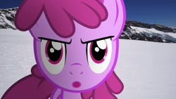 Size: 1280x720 | Tagged: safe, artist:stormxf3, screencap, berry punch, berryshine, earth pony, pony, g4, angry, background pony, female, irl, looking at you, mare, mountain, o mouth, photo, ponies in real life, snow, solo, youtube link