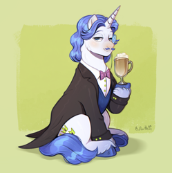 Size: 1956x1962 | Tagged: safe, artist:birdoffnorth, fancypants, pony, unicorn, g4, blushing, cheek fluff, coffee, drink, green background, horn, lidded eyes, looking at you, male, monocle, passepartout, signature, simple background, sitting, smiling, smiling at you, solo, stallion