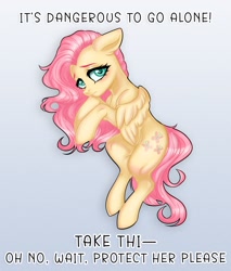 Size: 1638x1926 | Tagged: safe, artist:murny, fluttershy, pegasus, pony, g4, cute, digital art, female, gradient background, it's dangerous to go alone, meme, shy, solo